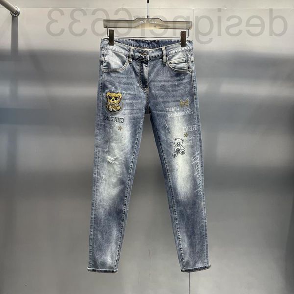 

men's jeans designer trend european thin summer bear embroidery drill fashion slim pants casual 9q4i, Blue
