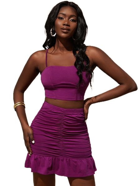 

solid cami crop & ruched ruffle hem skirt set b2a1#, White