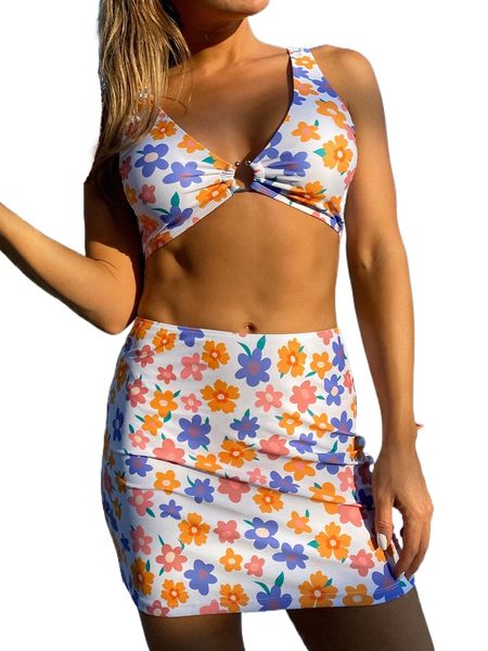 

3pack floral print ring linked bikini swimsuit & beach skirt f7j0#, White;black