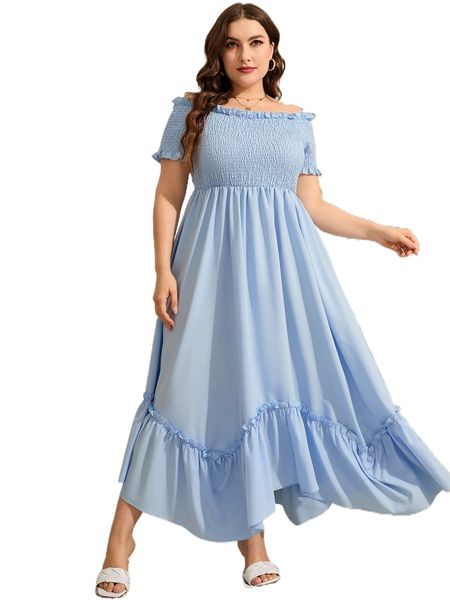 

plus frill trim off shoulder dress d1je#, Black