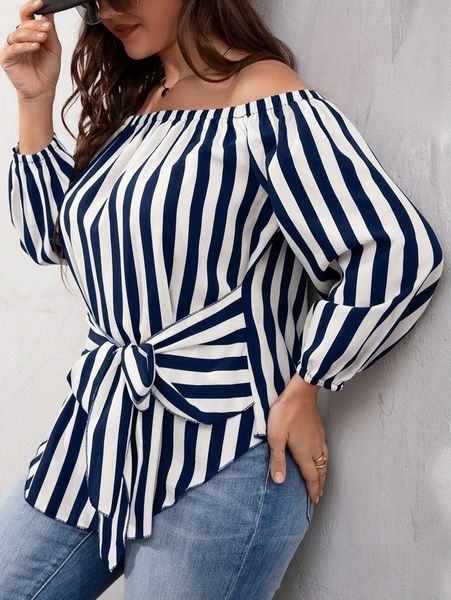 

plus striped bishop sleeve off shoulder tie front blouse 94sp#, Black