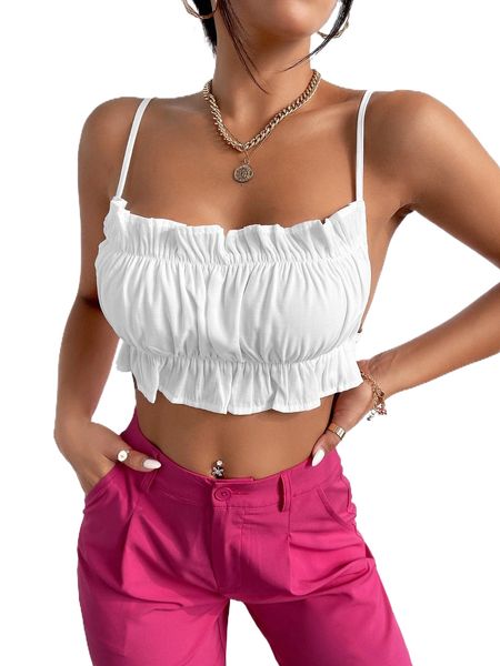

petite ruffle trim criss cross tie backless crop cami a5oc#, White