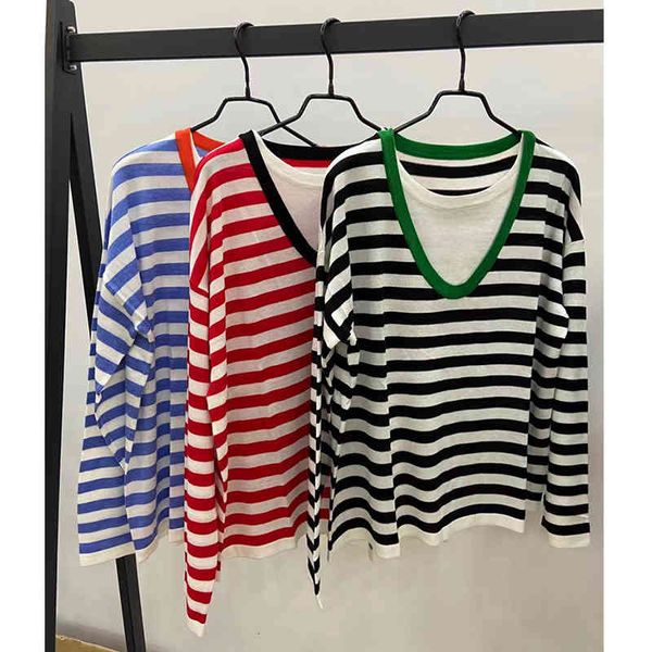 

women's knits tees fashionable young color contrast age reduction fake two-piece striped silk wool cashmere loose and lazy sweater wome, White