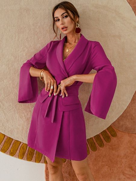 

glamaker split sleeve double button belted blazer dress 707s#, White