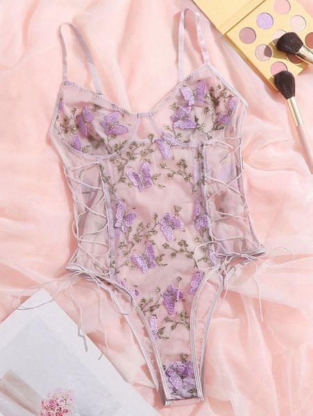 

butterfly embroidered mesh teddy bodysuit c28x#, Black;red