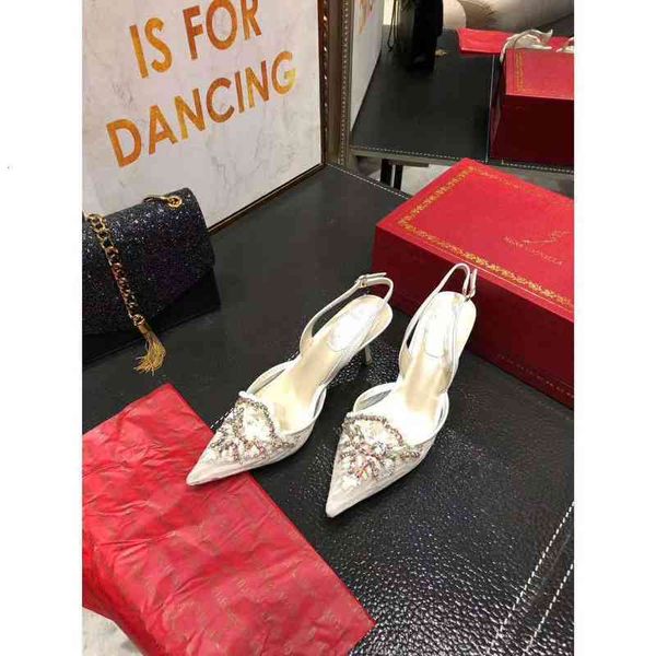 

official quality rene caovilla rc sandals pointed toe studs rivets crystal mesh 75mm heel bling uz9i, Black