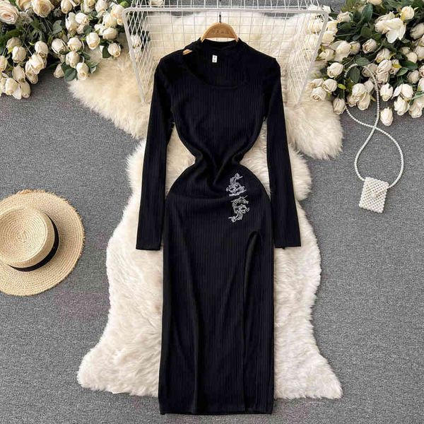 

casual dresses hepburn style high split dress women's spring and autumn temperament with thin waist long skirt overcoat uhai, Black;gray