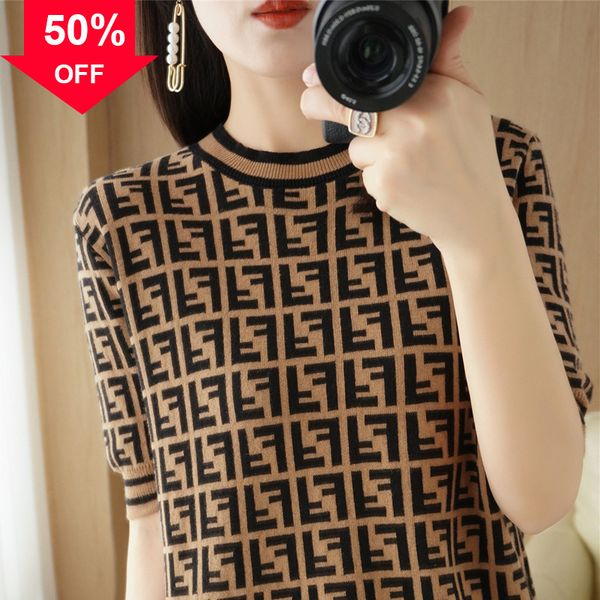 

2022 knitting short sleeve brand summer women's shirt, White