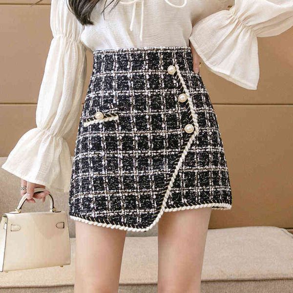 

men's skirt houzhou tweed mini skirts women autumn winter elegant high waist buttons patchwork a-line slim plaid skirt korean fashion 2, Black