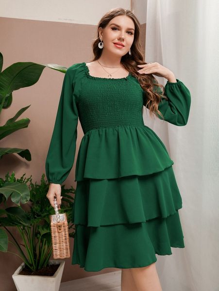 

plus lantern sleeve shirred layered hem dress 27wz#, Black