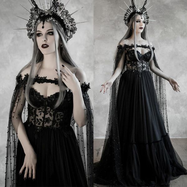 Karanlık Peri Masalı Gotik Siyah Gelinlik, Gömme Korse Korsajlı Fantezi A Hattı Gelinlikler Ortaçağ Vampir Cadılar Bayramı Düğün Pelerini Eski Gelin Elbiseleri