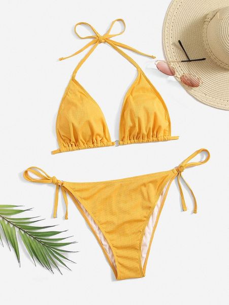 

plus plain triangle tie side bikini swimsuit w22v#, White;black