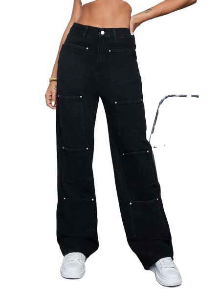 

high waist patch pocket wide leg jeans p7xd#, Blue