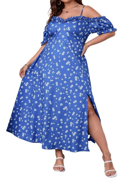 

plus ditsy floral split hem cold shoulder dress w8jp#, Black