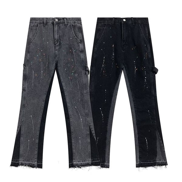 

designer mens jeans gallerydept speckled stitching trend washed used flare jeans pants loose straight high street casual pants, Blue