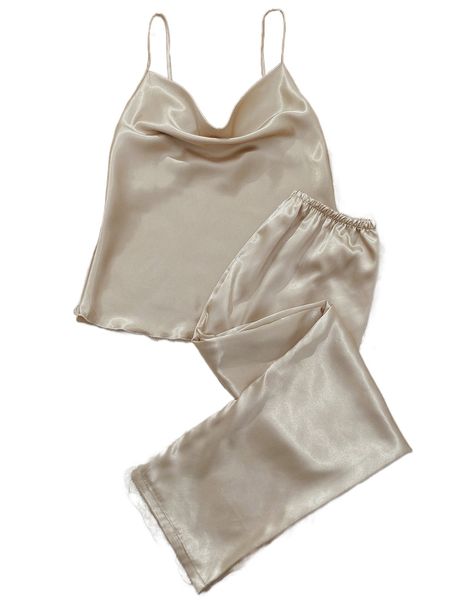 

satin cami & pants & hair tie pj set z4ux#, Black;red