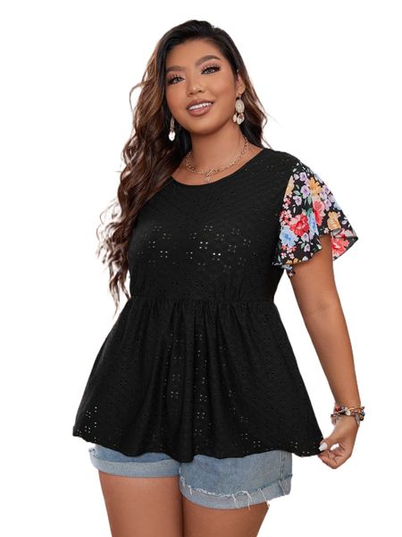 

plus floral print butterfly sleeve eyelet embroidery tee c99w#, Black