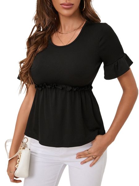 

frill trim flounce sleeve peplum tee 60lj#, White