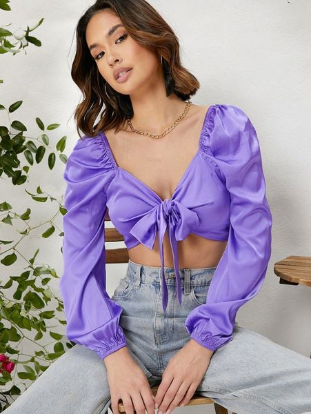 

lantern sleeve knot front crop satin blouse l1ag#, White