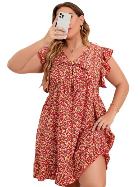 

plus ditsy floral print ruffle trim dress a7i5#, Black