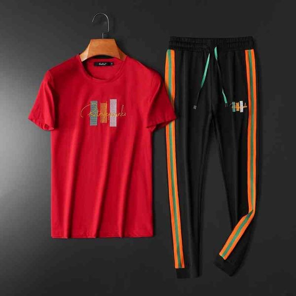 

men's sports fashion trend brand clothing goods summer new two piece short sleeve t-shirt casual letter embroidery pants cover, Gray