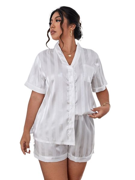 

plus vertical striped jacquard satin pj set s3f9#, Black;white