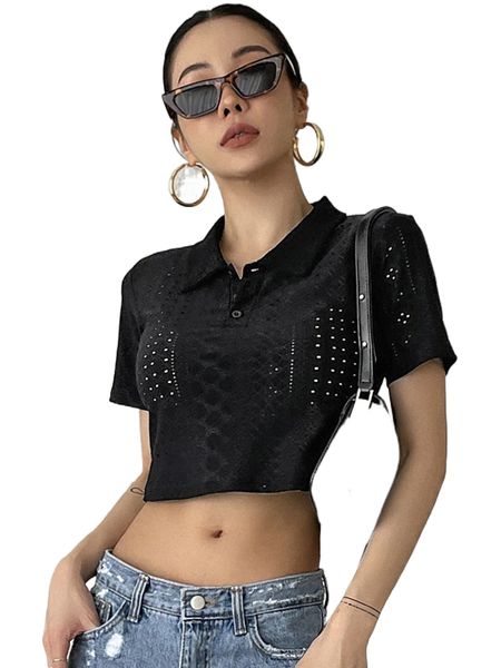 

dazy eyelet embroidery polo neck crop tee 29ez#, White