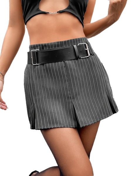 

striped belted split hem skirt s0ng#, Black