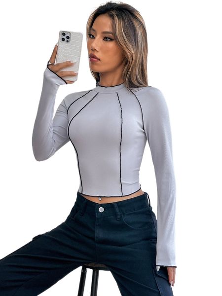 

stitching mock neck crop tee x4tl#, White