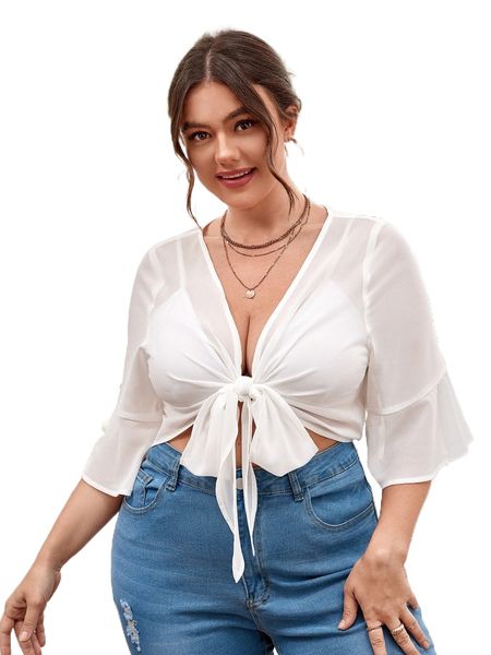 

plus flounce sleeve knot front crop without bra v3qt#, Black