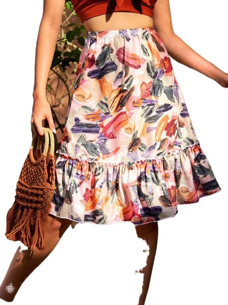 

brush print ruffle hem skirt d3at#, Black