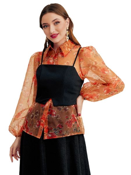

lantern sleeve buttoned floral organza shirt with camisole 96be#, White