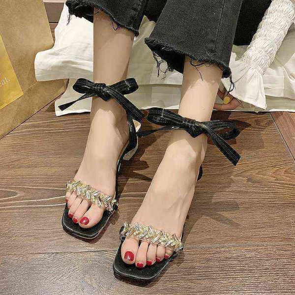 

sandals women designer luxury rhinestone strips high heels chic cross strap chunky heeled sandals evening dress shoes 220309, Black