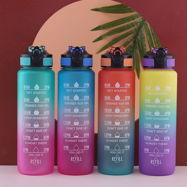 

portable straw gradient water bottle water cups motivational sports bottles with time maker leak-proof cup for outdoor sport fitness ys0021