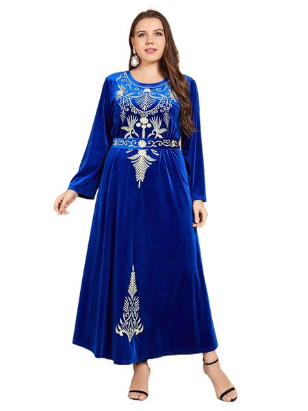 

plus flower embroidered belted velvet dress e01w#, Black