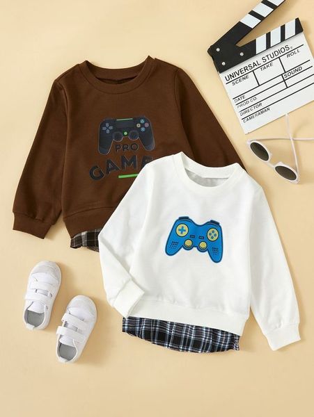 

toddler boys 2pcs gamepad & plaid print 2 in 1 sweatshirt she, Black