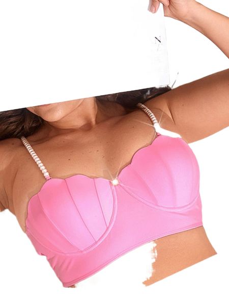 

plus faux pearl strap push up bikini 23ya#, Black