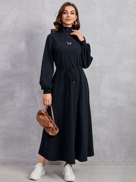 

patch detail lantern sleeve drawstring waist dress o0h1#, Black;gray