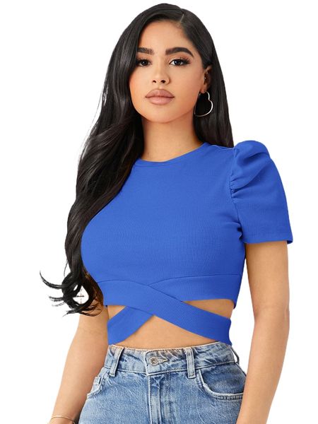 

puff sleeve crisscross hem crop tee 85oq#, White