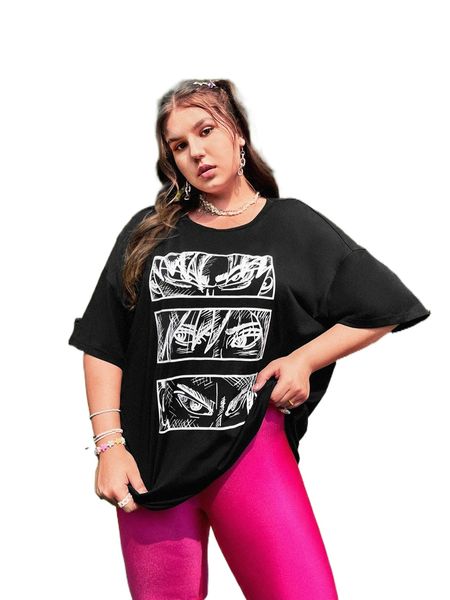 

plus figure graphic drop shoulder tee u1rb#, Black