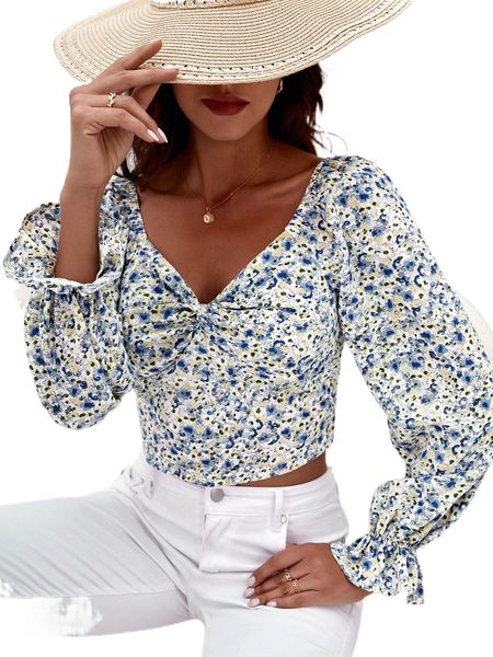 

floral print twist front bell sleeve o8ml#, White