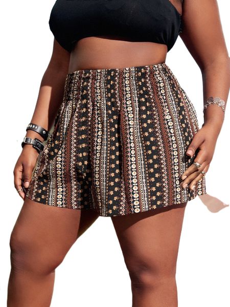 

sxy plus ditsy floral shirred waist shorts l2vl#, Black