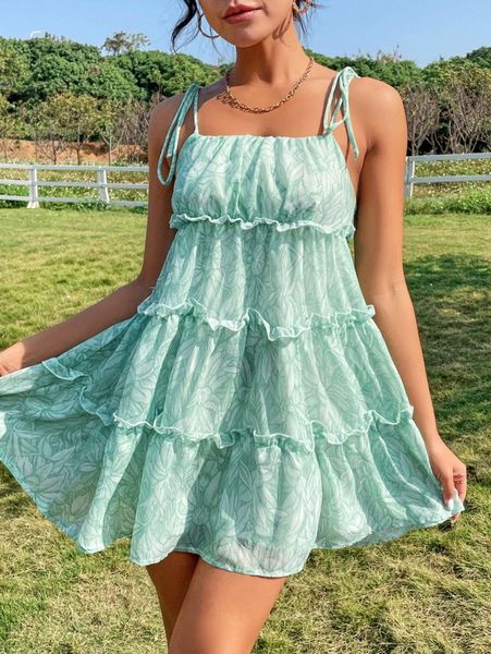 

floral print layered hem tie shoulder chiffon cami dress j00a#, Black;gray