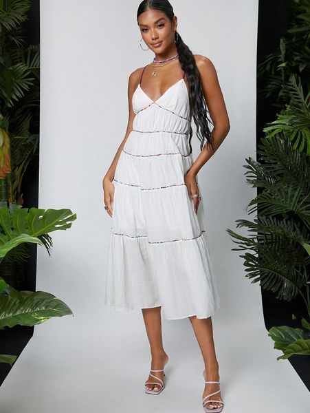 

plunging halter neck tiered ruffled midi dress v6ql#, Black;gray