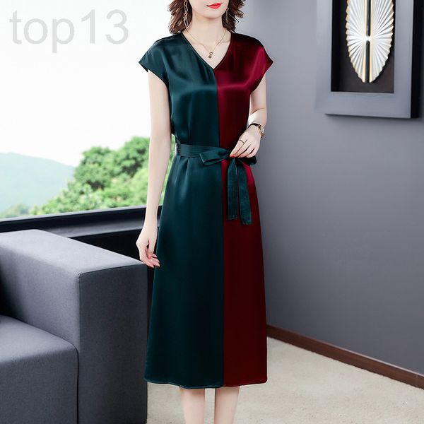 

casual dresses designer stitched acetate satin dress women's v-neck 2020 new summer short sleeve medium length knee drop skirt mee9, Black;gray