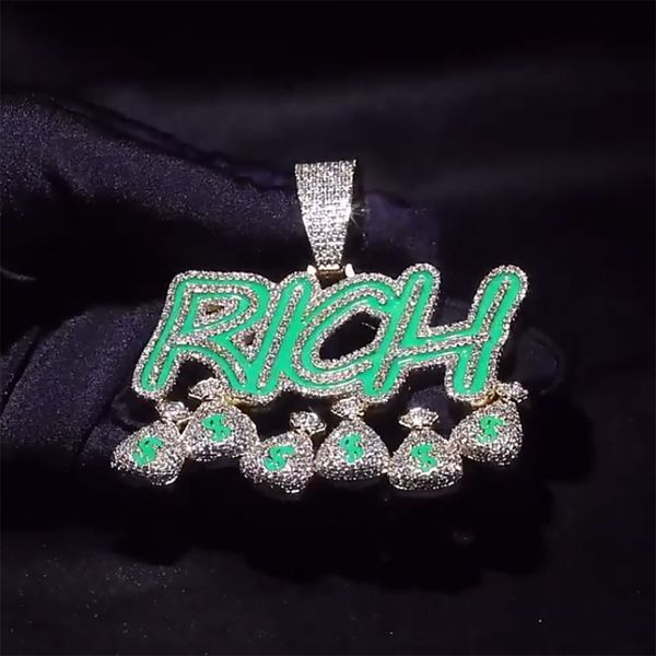 

14k gold plated rich money bag pendant necklace soild real iced diamond hip hop jewelry for men women gifts, Silver