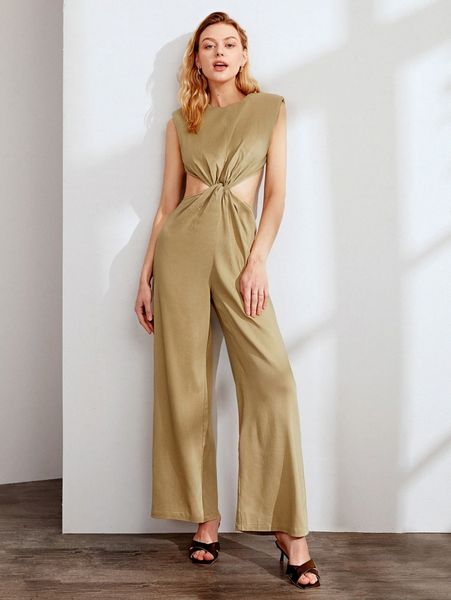 

cut out waist twist front jumpsuit w1ae#, Black;white