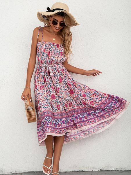 

floral print tie shoulder high low belted cami dress y1q1#, Black;gray