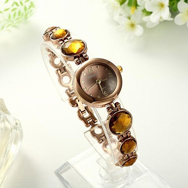 Relógios de pulso Chaoyada Relógio redondo Crystal Stone Decoração Ultra Slim Bracelet Ladies Retro Copper Quartz Watchwristwatches Wristwat