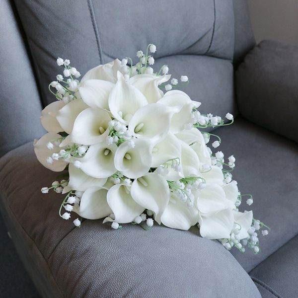 

wedding flowers collection fake calla lily lilies of the valley cascading bridal bouquet waterfall style water drop holding flower simulatio